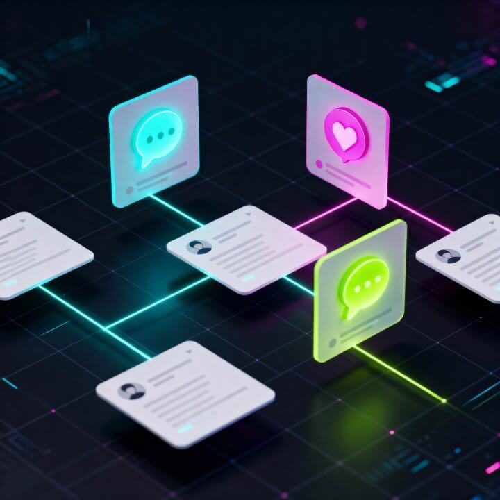 DigiAds44 Social Media Netzwerk Social Media Vernetzung: Neon Chat-Nachrichten, Herzen, Profile verbunden