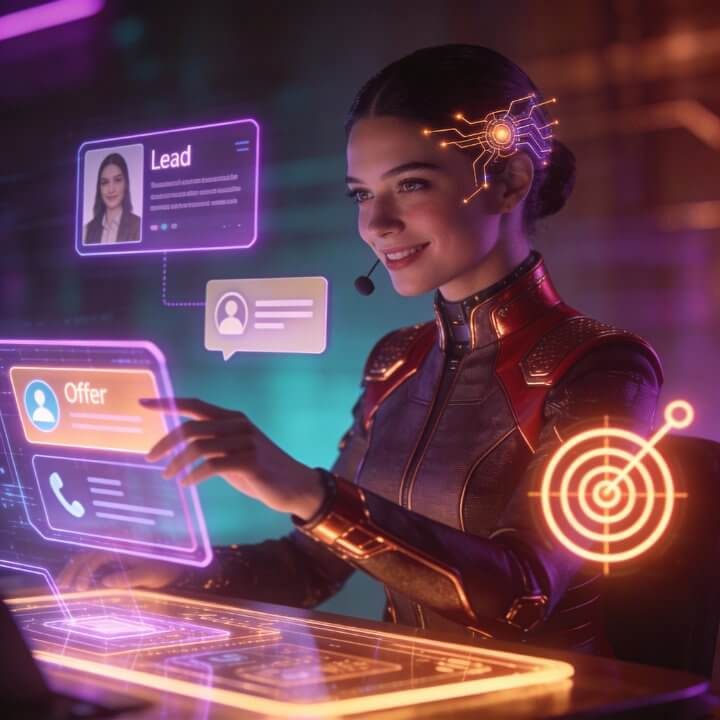 Sofia AI Vertriebs-Spezialistin IONOS Momentum Team Vertriebsprofi Sofia mit Lead/Offer-Panels, Zielen und Chat-Bubbles