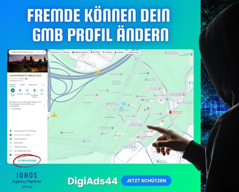 Google My Business Profil Schutz vor unbefugten Änderungen Google My Business Profil mit einer Hand, die auf Änderung vorschlagen klickt, um auf die Wichtigkeit des GMB Profil Schutzes hinzuweisen.