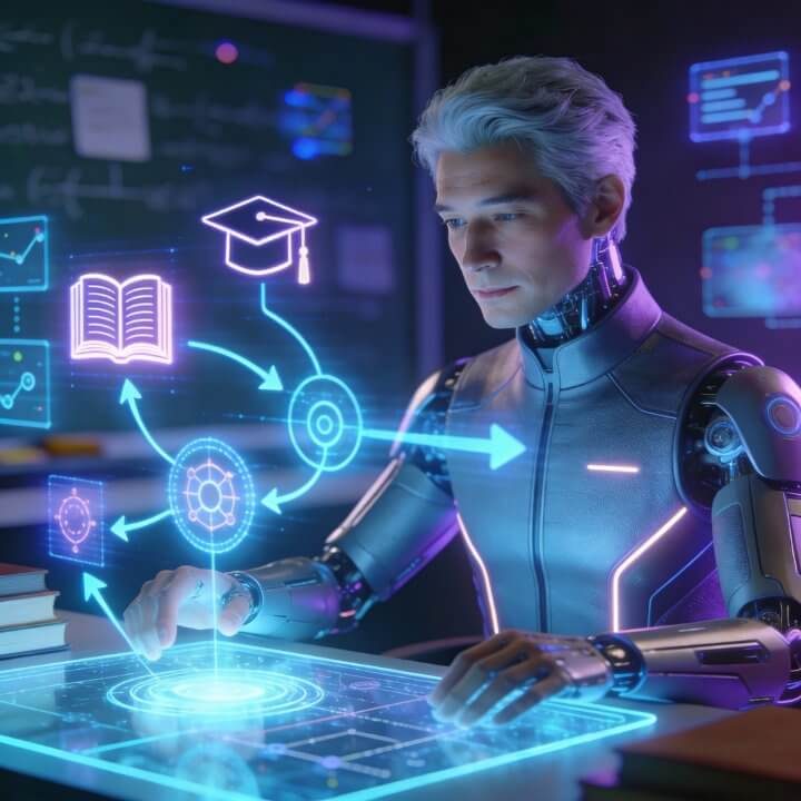 Chris AI Lernbegleiter IONOS Momentum Team Lern-Coach Chris mit Buch, Diplom und Lernpfad-Diagrammen