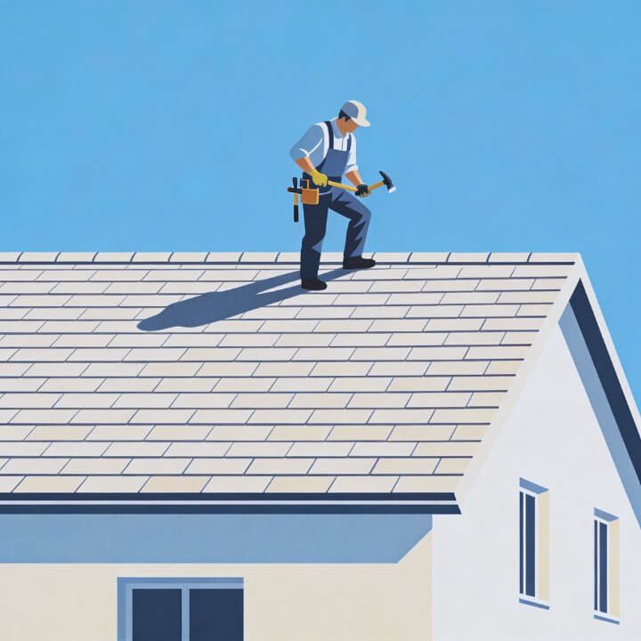 "Dachdecker" - Hoher Wettbewerb: Dachdecker auf hellem Dach mit Hammer "Dachdecker" - Hoher Wettbewerb: Dachdecker auf hellem Dach mit Hammer