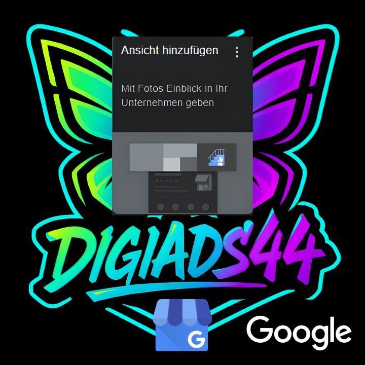 Google mit Fotos überzeugen Fotos und visuelle Einblicke im Google Unternehmensprofil für mehr Vertrauen. DigiAds44 Logo Hintergrund.