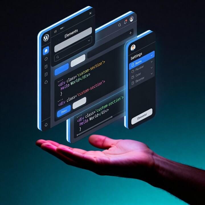 WordPress: Custom Code & Widgets WordPress Custom Code-Editor mit Elementen, Hello World und 3D-Hand-Design