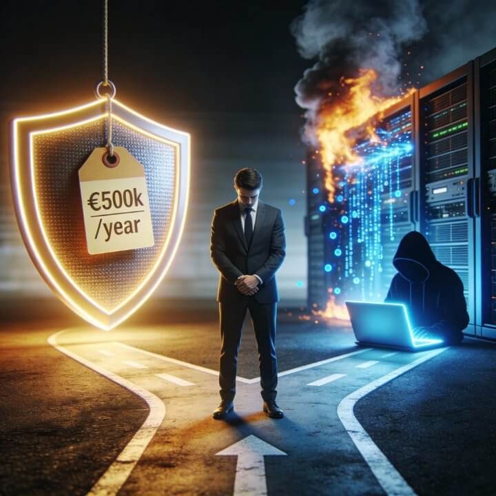 IT-Sicherheit Kostenrisiko KMU - DigiAds44 Schutz Manager vor brennenden Servern und Hacker - Cybersicherheit schützt €500k/Jahr Risiko