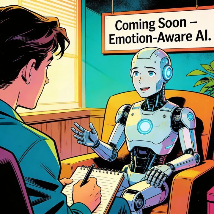 Theory of Mind KI Comic DigiAds44 KI Marketing Therapie-Szene Roboter entwickelt Emotionen Coming Soon Emotion-Aware AI