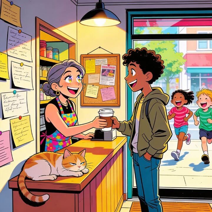 DigiAds44 Nähe Strategie - Kundenbindung Illustration Café-Szene mit Barista, Kunden, Katze auf Tresen, Kinder rennen draußen