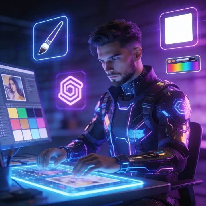 Derek AI Designer IONOS Momentum Team Designer Derek mit Pinsel, Farbpaletten und Photoshop-Interface