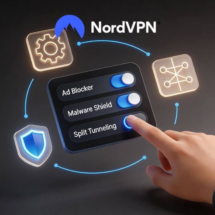 NordVPN: Umfassende Schutzfunktionen auf Knopfdruck Hand aktiviert NordVPN-Features wie Ad Blocker, Malware Shield und Split Tunneling auf digitalem Interface