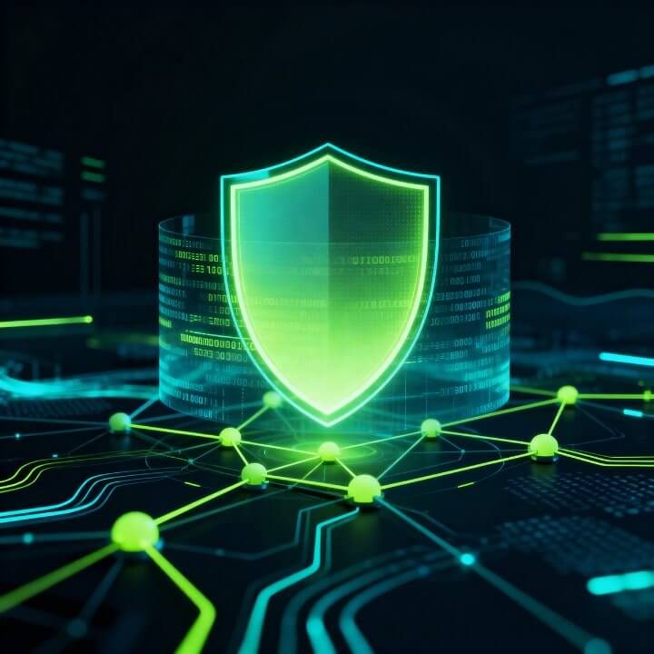 DigiAds44 Zero Trust Cybersicherheit Leuchtendes grünes Sicherheitsschild auf Cyber-Netzwerk - Zero Trust Schutz