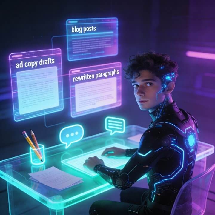 Cedric AI Copywriter IONOS Momentum Team Cyber-Copywriter Cedric mit holografischen Ad-Copy-Drafts, Blog-Posts und Rewrites