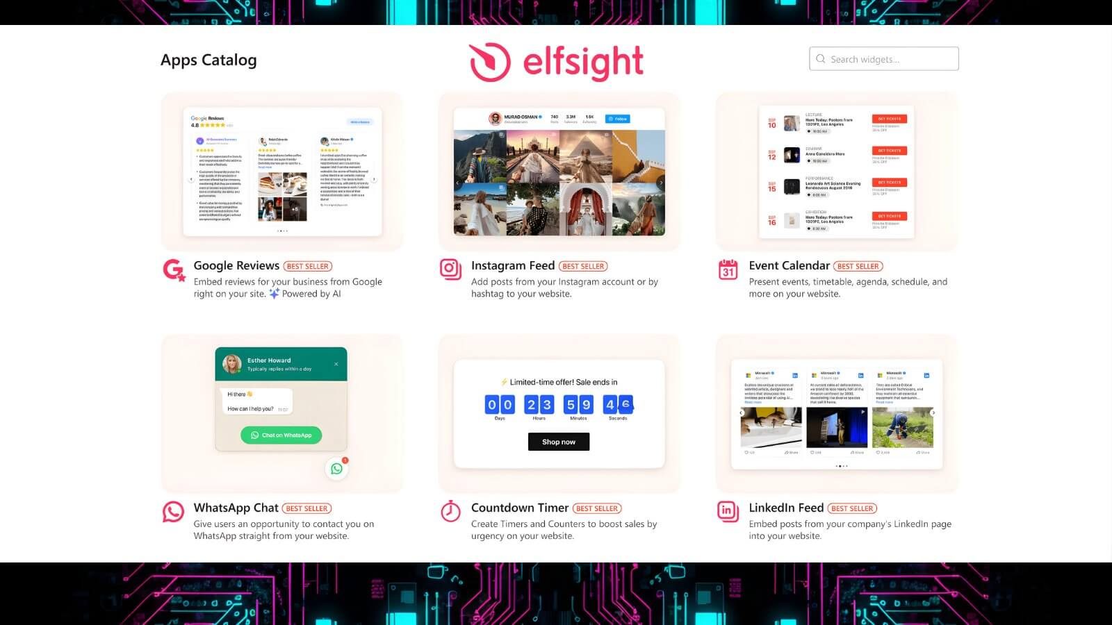 Elfsight Widgets Katalog: 80+ Apps entdecken. Elfsight Apps-Katalog-Vorschau mit Widgets für Google Reviews, Instagram Feed, WhatsApp Chat, Countdown Timer und LinkedIn Feed