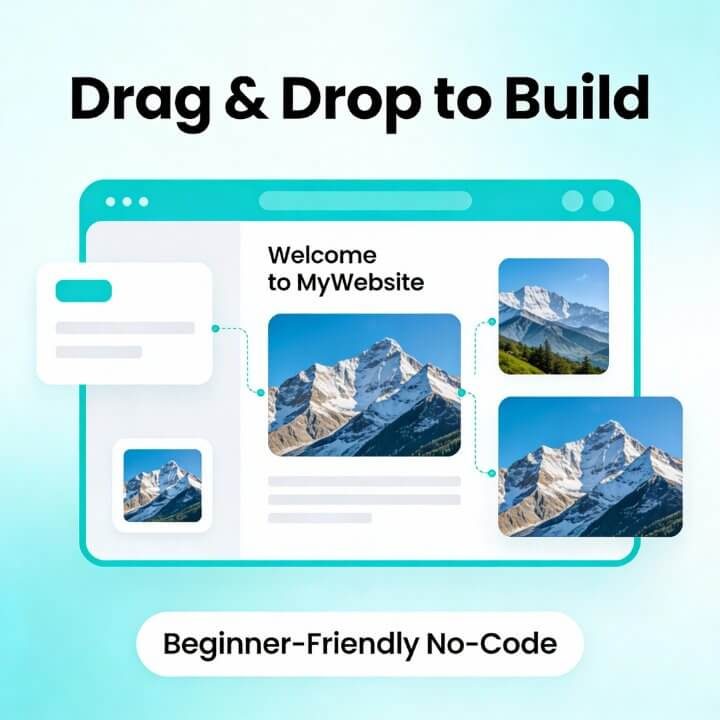 No-Code Website: Drag & Drop bauen Drag & Drop Website-Bau: Beginner-freundlich No-Code mit Welcome-Seite und Bergbildern
