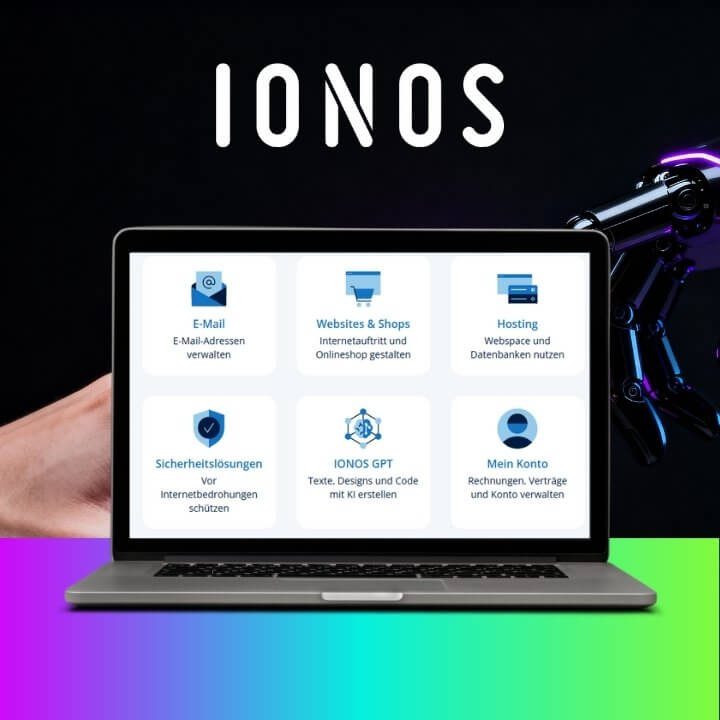 IONOS GPT Beratung von DigiAds44 Laptop zeigt IONOS-Dienste (E-Mail, Webshops, Hosting) mit GPT-Textdesigns, Sicherheitsupdates und Konfigurationen