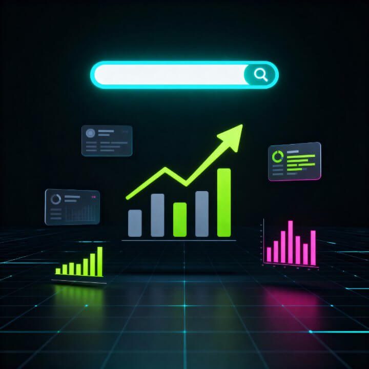 SEO Analyse: Sichtbarkeit boosten 3D-Lupe analysiert Website mit grünem steigendem Balkendiagramm für SEO-Sichtbarkeit