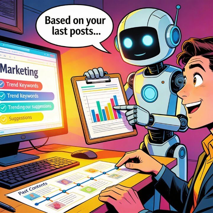 Begrenztes Gedächtnis KI Comic DigiAds44 KI Marketing Roboter analysiert Posts Trend Keywords Marketing Suggestions begrenztes Gedächtnis Tool