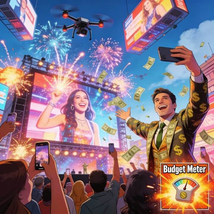 DigiAds44 Reichweite Strategie - Erfolge feiern Illustration Influencer auf Bühne mit Geld, Feuerwerk, Drohnen und Crowd, Budget-Meter zeigt Kosten
