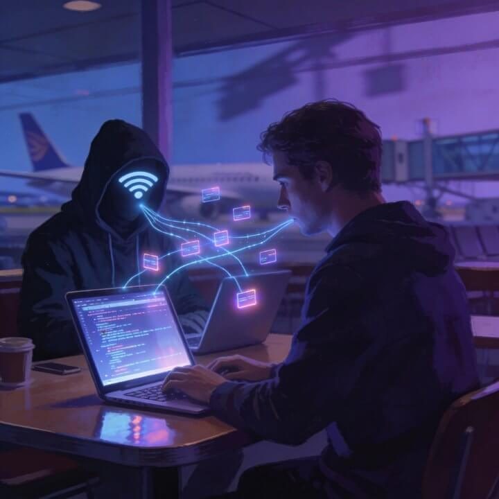 Hacker hackt Flughafen-WLAN Kapuzen-Hacker mit Antenne hackt Laptops am Flughafen-Tisch, Phishing-Mails und Netzwerk-Verbindungen
