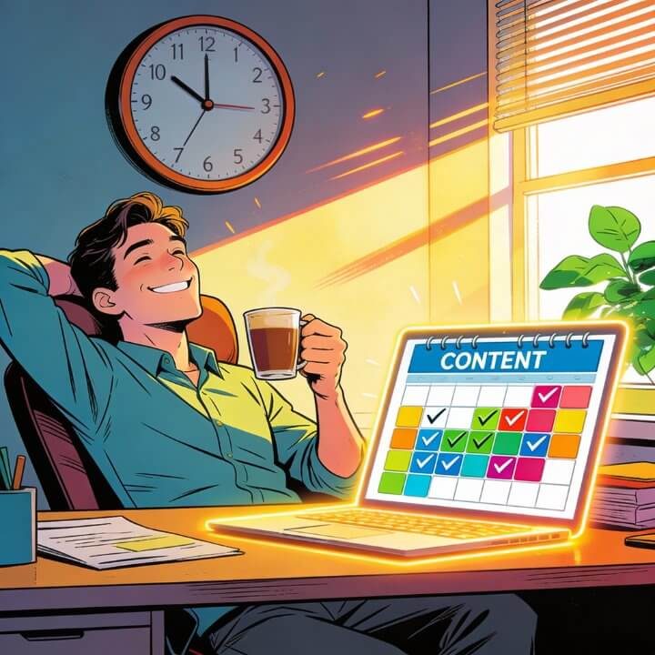 DigiAds44 Zeit sparen Comic entspannter Mann mit Kaffee Content-Plan Laptop Checklisten Uhr DigiAds44