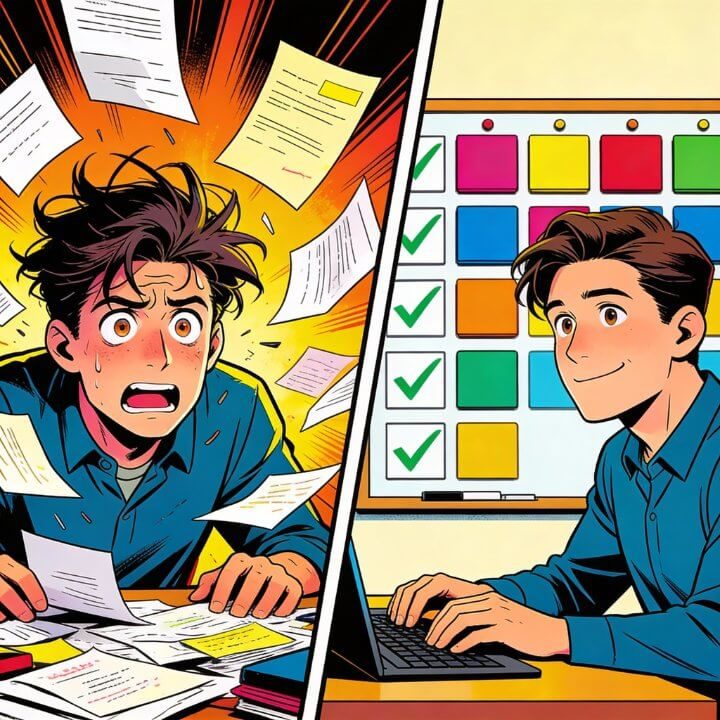 DigiAds44 Plan macht frei Comic vor-nach: Chaotischer Mann mit Papieren vs. geordneter mit Planboard Checklisten DigiAds44