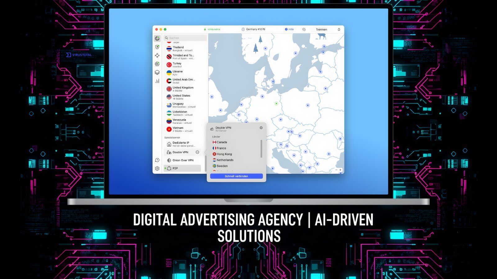 NordVPN: Globales Servernetzwerk Laptop mit NordVPN-Interface und Europakarte mit Serverstandorten
