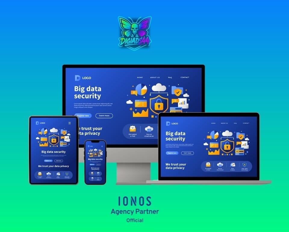IONOS Partner: Big Data Security Webdesign Multi Device Bildschirmdarstellung einer Big Data Security Webseite auf verschiedenen Geräten: Desktop, Laptop, Tablet, Handy. Fokus auf Datensicherheit.