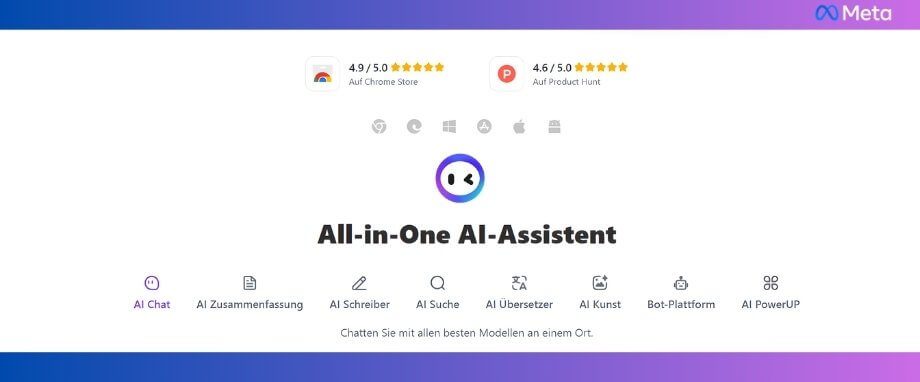 Monica All-in-One AI-Assistent Übersicht Monica AI-Assistent Benutzeroberfläche mit Bewertungen von Chrome Store, Product Hunt und den Kernfunktionen