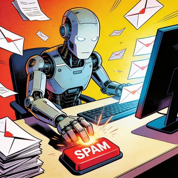 Reaktive KI Chatbot Comic DigiAds44 KI Marketing Roboter drückt SPAM Button sortiert E-Mails reaktive einfache Chatbot KI