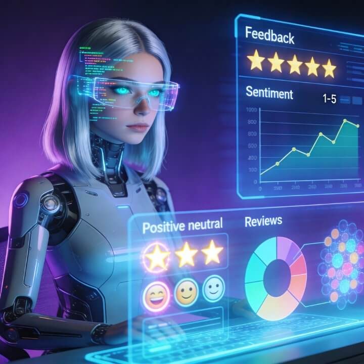 Fiona AI Feedback-Analystin IONOS Momentum Team Feedback-Analystin Fiona mit Sternenbewertungen, Sentiment-Charts und Review-Diagrammen