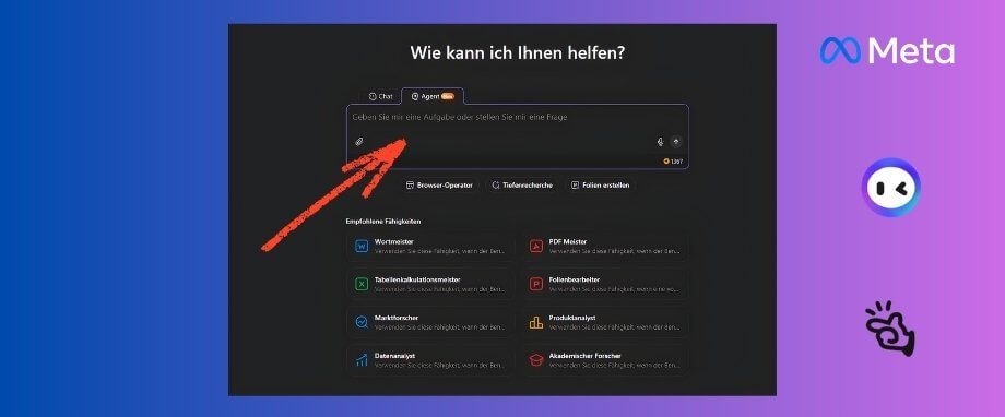Monica AI: Chat, Agent & KI-Fähigkeiten Moni AI Benutzeroberfläche mit Eingabefeld, Chat- und Agentenmodus, empfohlenen Fähigkeiten wie Wortmeister, PDF Meister und mehr.