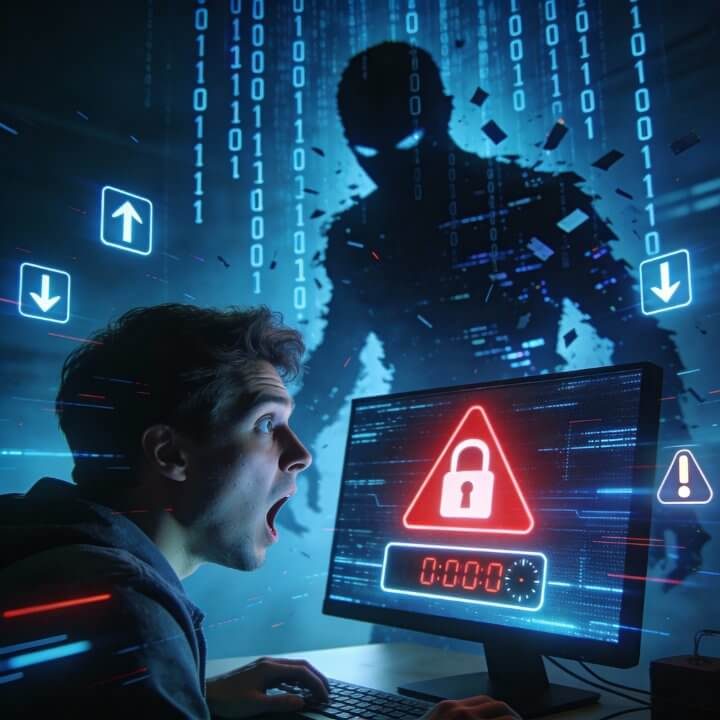 Malware-Hacker-Silhouette vor Monitor Schockierter Mann mit offenem Mund vor Bildschirm, Malware-Hacker-Silhouette mit Code-Regen und Warnsymbol