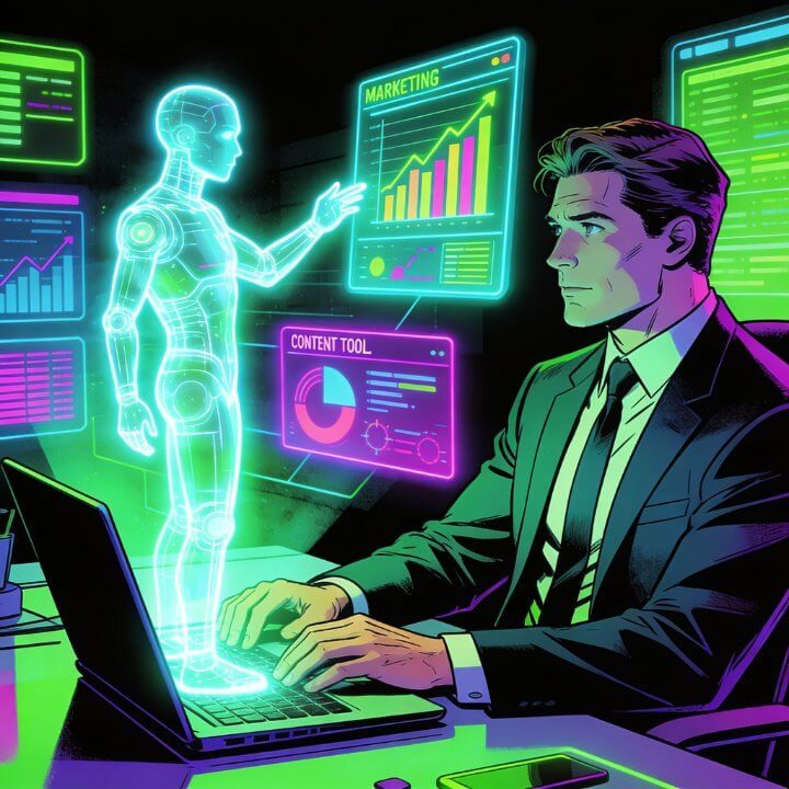 KI Marketing DigiAds44 Comic DigiAds44 KI Marketing Banner Geschäftsmann arbeitet mit holografischem grünem AI Roboter an Content Marketing Charts und Diagrammen