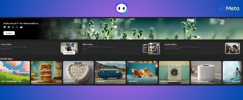 KI-Videogenerator: Monica Plattform Übersicht Monica KI-Videoerstellungsplattform-Dashboard mit Optionen für Text zu Video, Bild zu Video, kreative Effekte und schnelle Apps wie Pika.