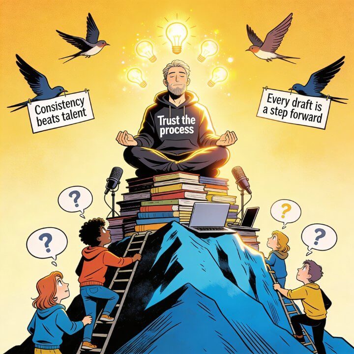 DigiAds44 Content Strategie - Trust aufbauen Illustration Mann meditiert auf Bücherstapel mit Glühbirnen, Kinder klettern Leiter, Sprüche "Consistency beats talent"