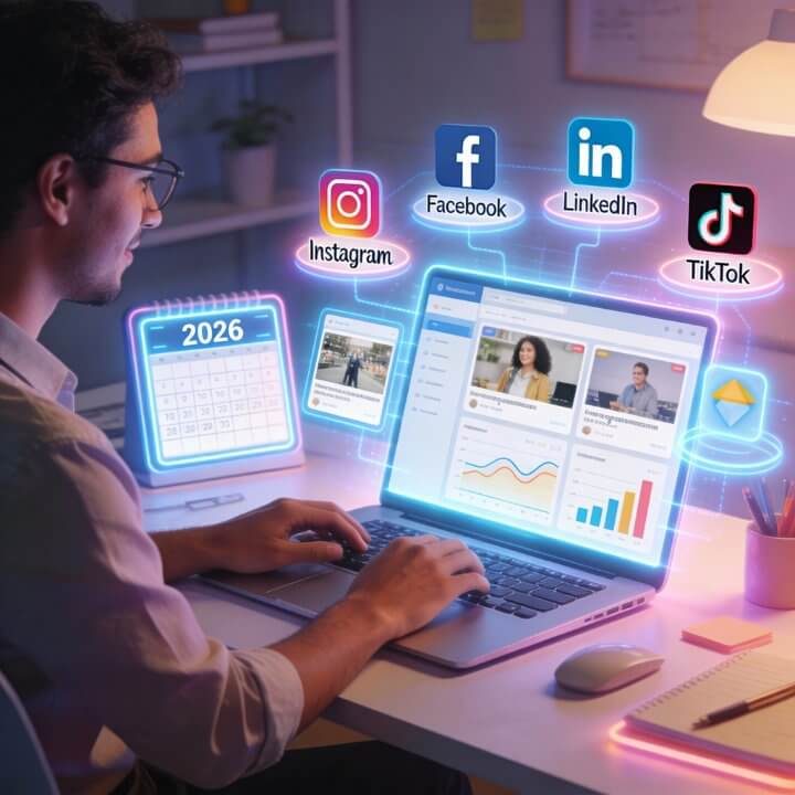 DigiAds44 Social Media Strategie - Professionelle Umsetzung DigiAds44 Social Media Strategie - Mann arbeitet am Laptop mit Social Media Plattformen, Analytics Dashboards und 2026 Kalender im neonbeleu