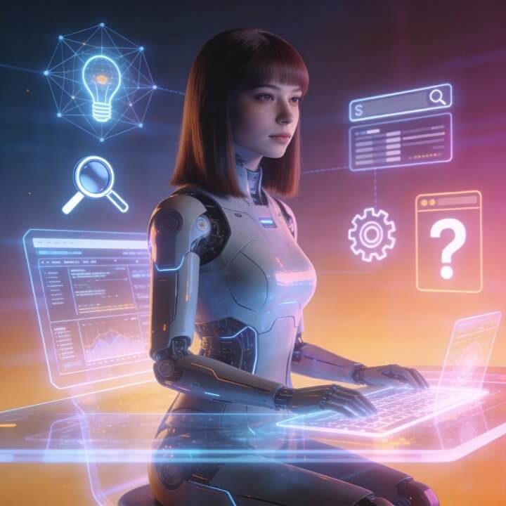 Greta AI Generalist IONOS Momentum Team AI-Generalistin Greta mit Suchmaschinen, Code und Analyse-Hologrammen