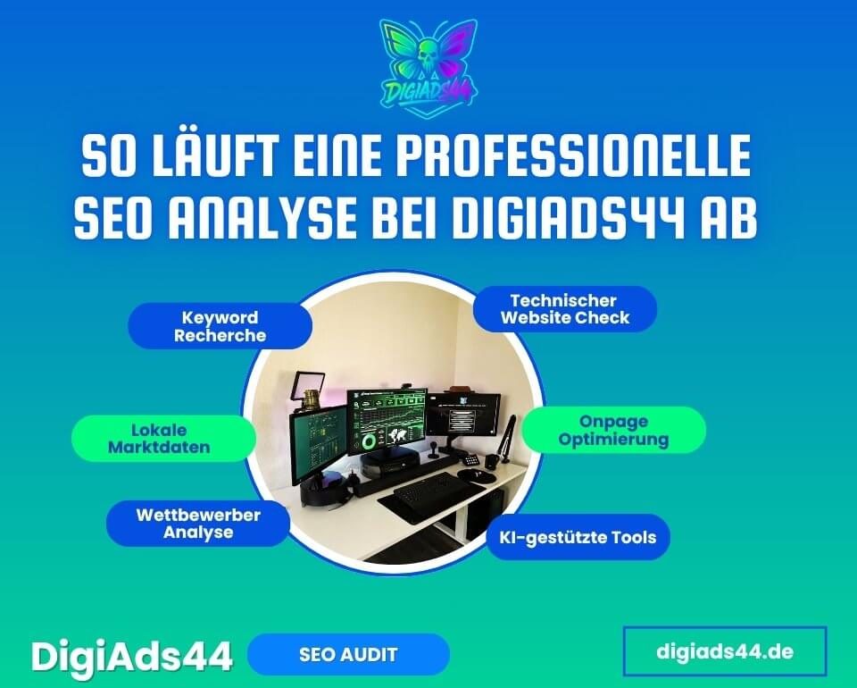 Professionelle SEO Analyse von DigiAds44 Der detaillierte Ablauf einer professionellen SEO Analyse durch DigiAds44 für Online Sichtbarkeit.