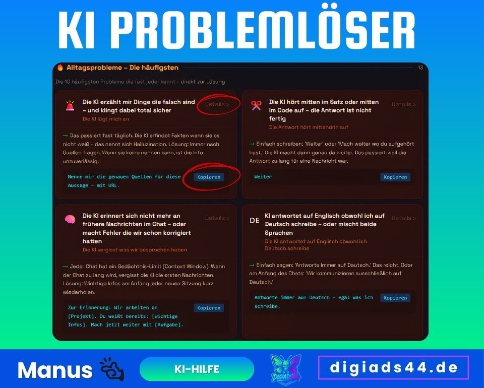 Alltagsprobleme mit KI erkennen und direkt lösen Der KI Problemlöser zeigt typische Alltagsprobleme mit KI in normaler Sprache. Zu jedem Problem gibt es eine kurze Erklärung