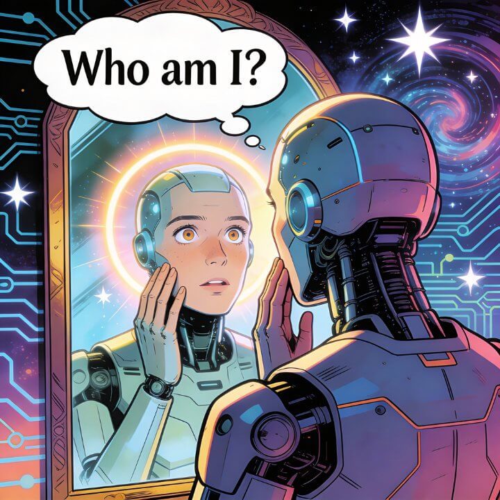 KI Bewusstsein Comic Science-Fiction KI Marketing DigiAds44 Roboter reflektiert Identität im Spiegel mit kosmischem Hintergrund
