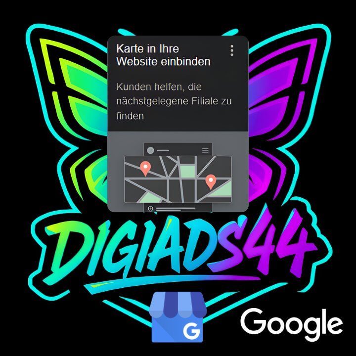 Google Maps auf Website einbinden Lokale Autorität stärken durch Einbindung von Karte Standort und Anfahrtsinfos. DigiAds44 Logo Hintergrund.