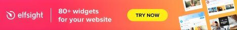 80+ Widgets für deine Website - Jetzt Testen Elfsight Banner mit Logo, "80+ Widgets für deine Website" und gelbem "TRY NOW"-Button für Web-Widgets