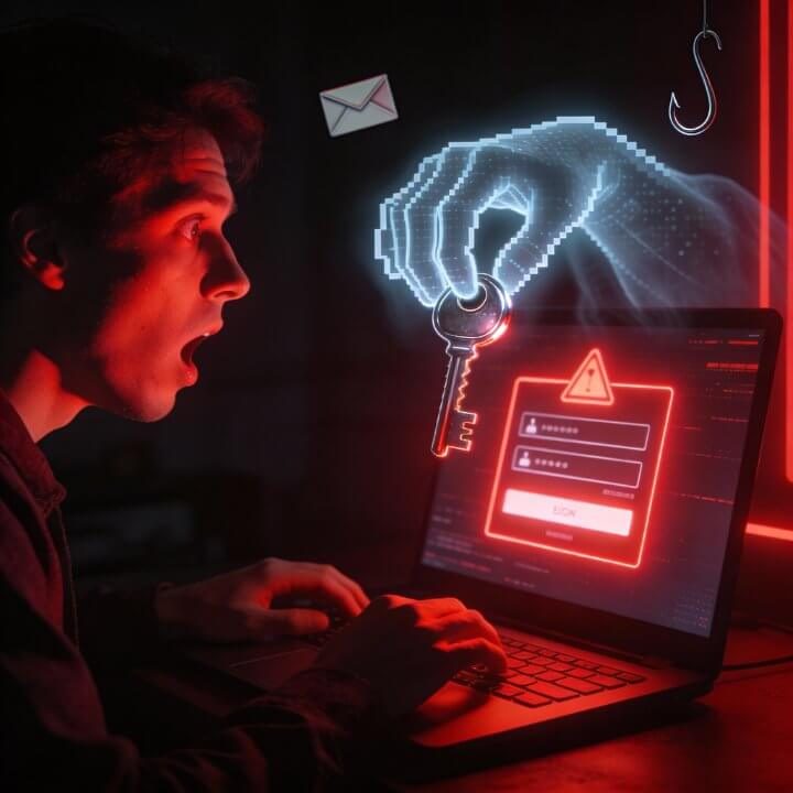 Geisterhand greift Passwort-Schlüssel Mann mit geweiteten Augen am Laptop, neon Geisterhand greift mit Haken nach Passwort-Schlüssel und E-Mail