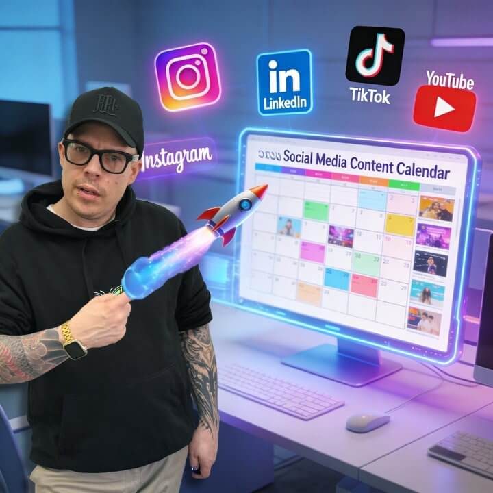 DigiAds44 2026 Social Media Kalender starten DigiAds44 Social Media Kalender 2026 - Dennis mit Rakete vor Monitor Instagram LinkedIn TikTok YouTube Planung