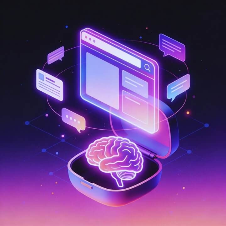 DigiAds44 AI Geo-SEO - Intelligente Lokalisierung! Neon-Gehirn in Box mit Website, Chat-Bubbles und Netzwerk - DigiAds44 AI Geo-SEO-Optimierung