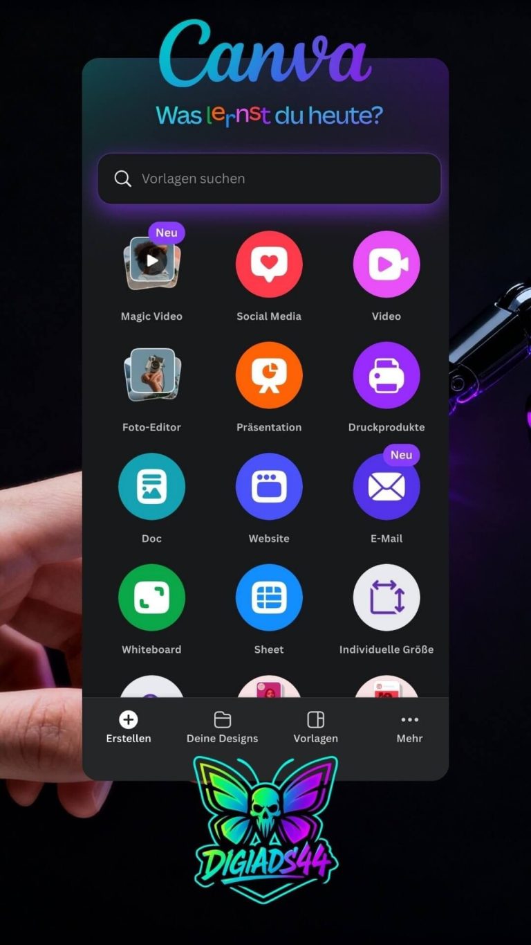 Canva Tool Übersicht Canva App Übersicht: Was lernst du heute Social Media Magic Video Foto Editor mit Logo