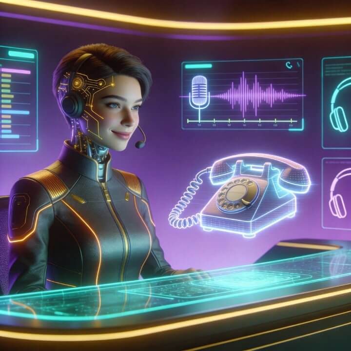 Rita AI Telefon-Assistentin IONOS Momentum Team Telefon-Assistentin Rita mit Headset, Anruf-Panels und Audio-Wellen