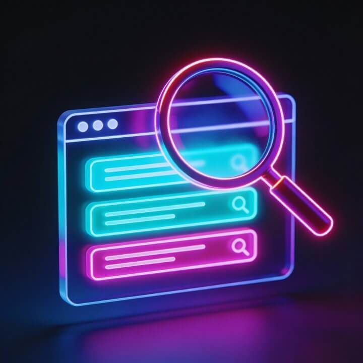 DigiAds44 Keyword-Recherche - Goldene Keywords finden! Neon-Lupe über Website mit Suchleisten - DigiAds44 SEO Keyword-Analyse