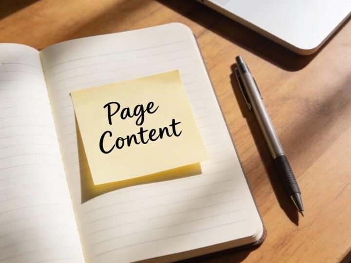 Page Content Optimierung: DigiAds44 SEO Offenes Notizbuch mit gelbem "Page Content"-Post-it, Stift und Laptop auf Holztisch