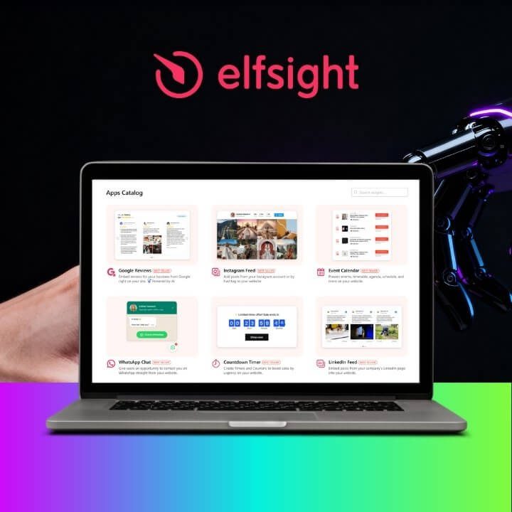 Elfsight Widgets: Reviews, Feeds, Chats & mehr Zwei Hände am Laptop mit Elfsight Apps-Katalog: Widgets für Google Reviews, Instagram Feed, WhatsApp Chat, LinkedIn, Countdown Timer u.v.m.