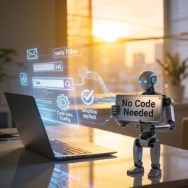 No-Code: DigiAds44 macht's einfach! Laptop mit No-Code Roboter, Meta Tags, Links und Zahnrädern. SEO ohne Programmierkenntnisse