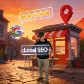 Local-SEO ohne Budget: DigiAds44 boostet Sichtbarkeit! Animierter Dennis mit Local-SEO Schild vor Shop, 5 Sternebewertung und Google Symbol.
